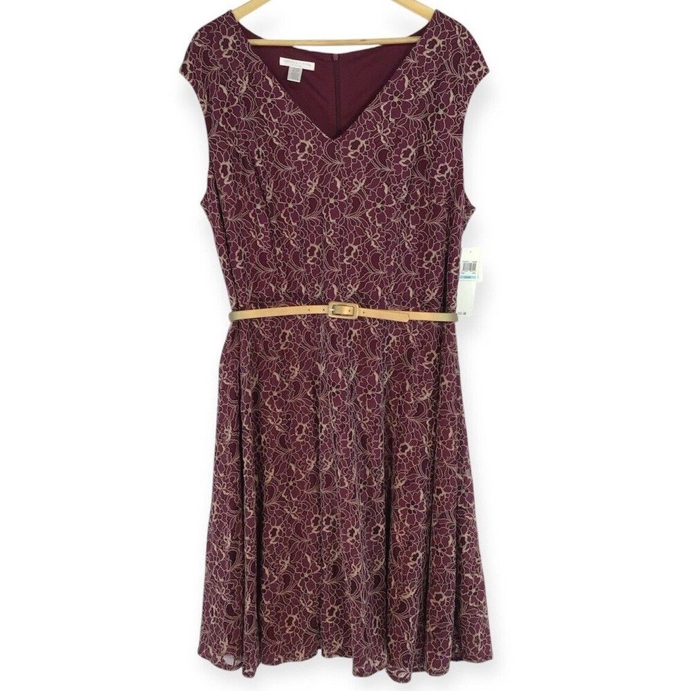 London Times Woman Dress Women's 20W NEW Allover Lace Sleeveless Wine Maroon